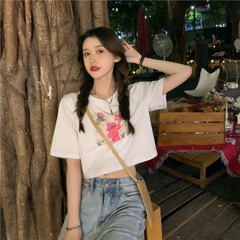 Anti-Aging Navel-Baring Petite Bear Pattern Cropped Short Sleeve Tee