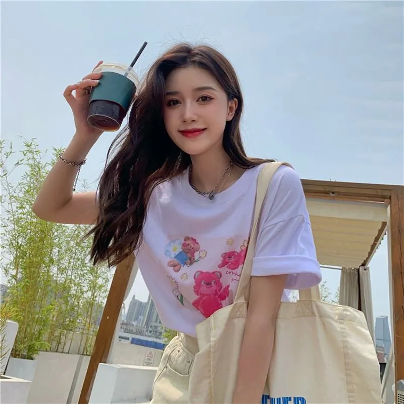 Anti-Aging Navel-Baring Petite Bear Pattern Cropped Short Sleeve Tee
