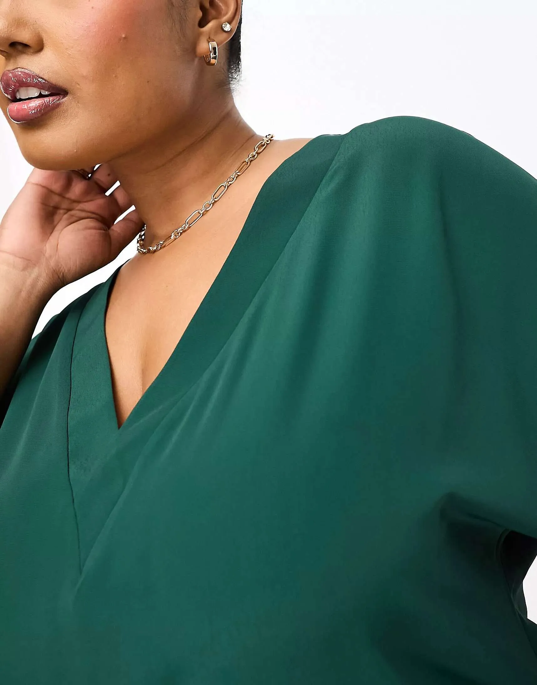 ASOS DESIGN Curve V-neck T-shirt in green woven