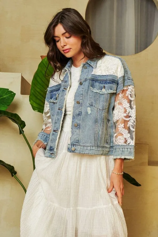 Davi & Dani Embroidery Lace Distressed Womens Denim Jacket S-L