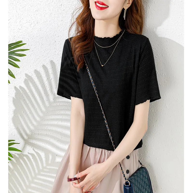 Elasticity Slimming Breathable Half-High Collar Wood Ear Versatile Short Sleeve Tee