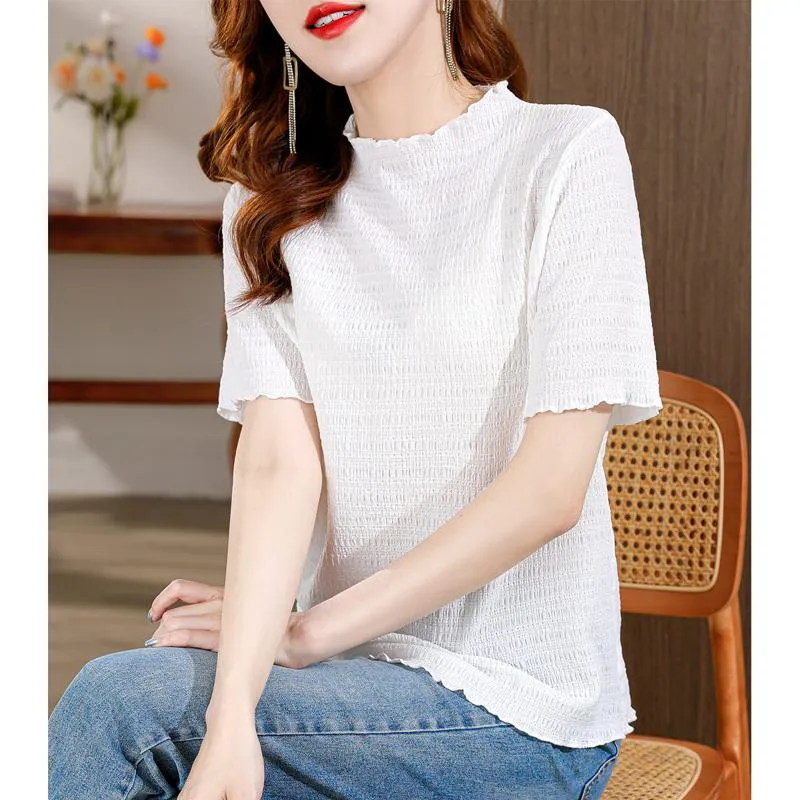 Elasticity Slimming Breathable Half-High Collar Wood Ear Versatile Short Sleeve Tee