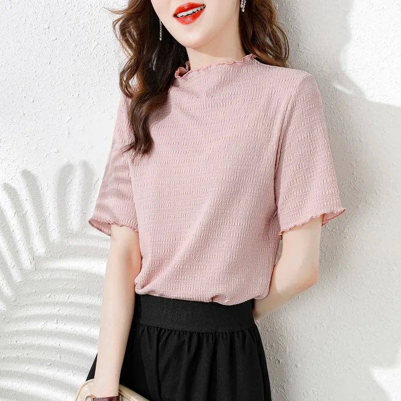 Elasticity Slimming Breathable Half-High Collar Wood Ear Versatile Short Sleeve Tee