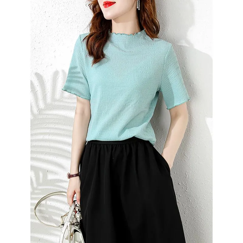 Elasticity Slimming Breathable Half-High Collar Wood Ear Versatile Short Sleeve Tee