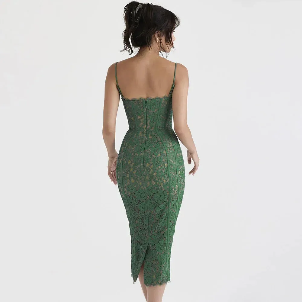 Elegant Spaghetti Strap V Neck Lace Formal Occasion Dress for Christmas Party