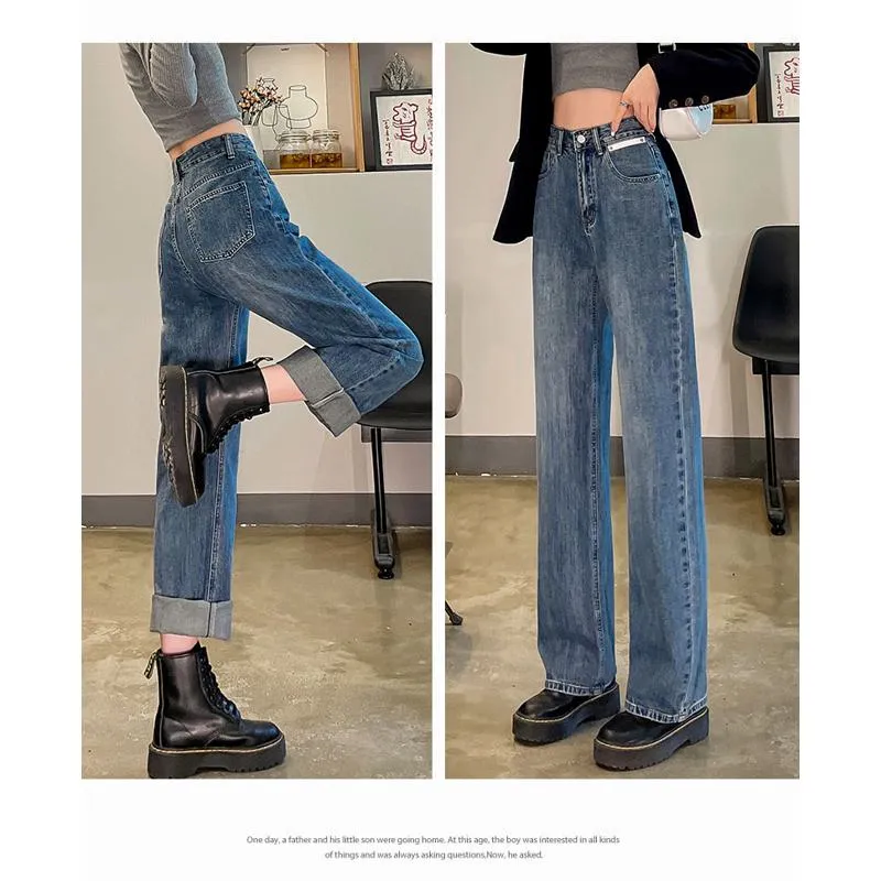 High-Waisted Wide-Leg Straight Floor-Length Jeans