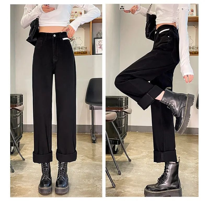 High-Waisted Wide-Leg Straight Floor-Length Jeans