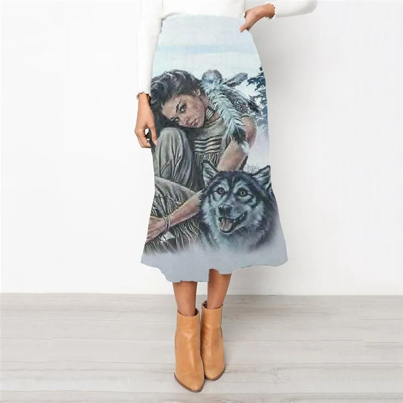 Indios Skirts Women Wolf High waist skirts Eagle Rock Frauen Lovely Skirt Ladies