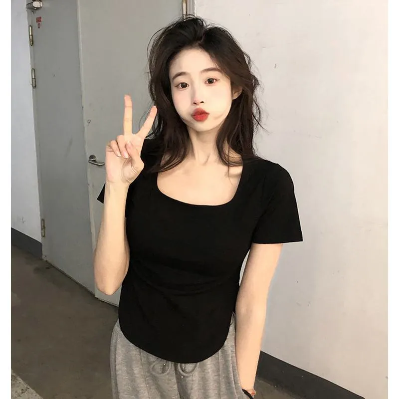 Irregular Solid Color V-Neck Slim-Fit Slimming Short Sleeve Tee