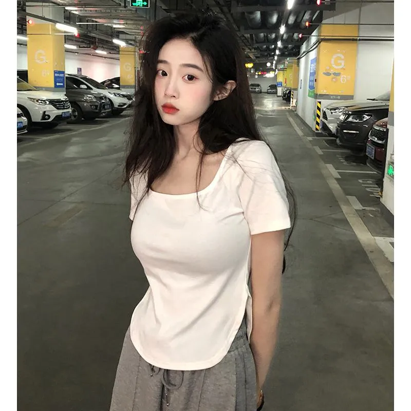 Irregular Solid Color V-Neck Slim-Fit Slimming Short Sleeve Tee