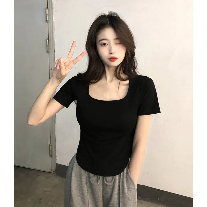 Irregular Solid Color V-Neck Slim-Fit Slimming Short Sleeve Tee