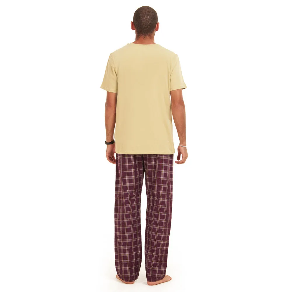 Men summer pajama set  khaki T-shirt   Maroon Checkered Pants