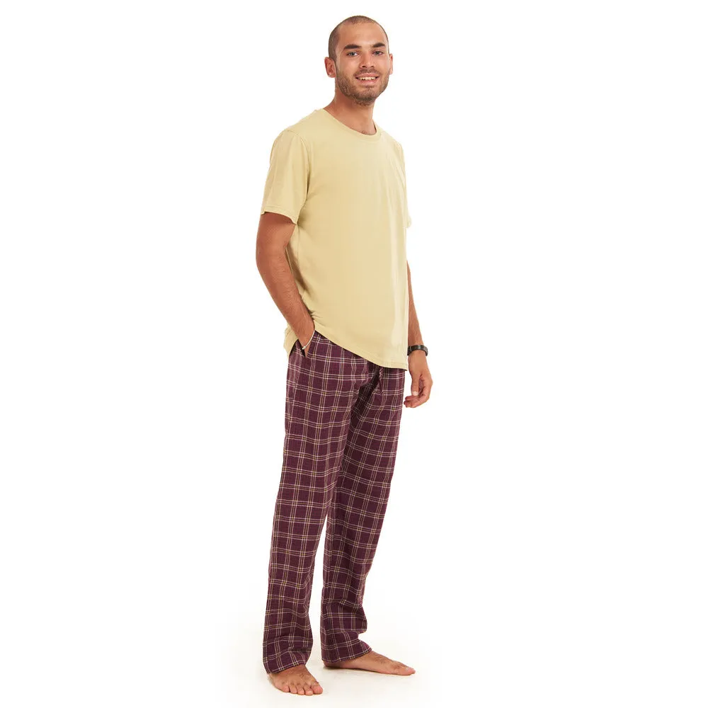 Men summer pajama set  khaki T-shirt   Maroon Checkered Pants