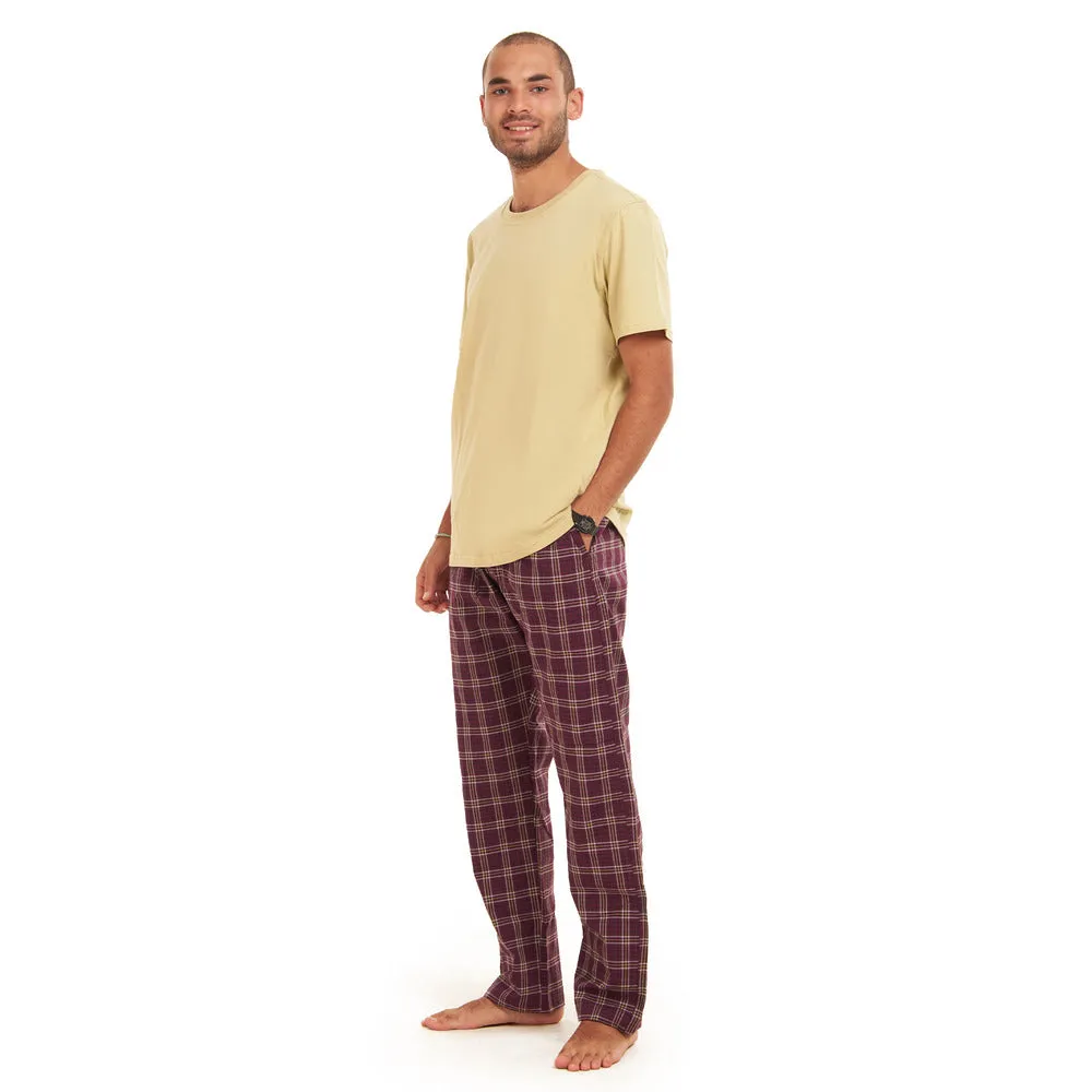 Men summer pajama set  khaki T-shirt   Maroon Checkered Pants