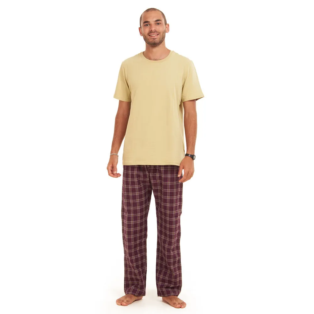 Men summer pajama set  khaki T-shirt   Maroon Checkered Pants