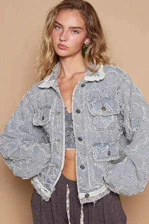 POL Clothing  Star Textured Raw Hem Long Sleeve Denim Womens Jacket POL Clothing  Star Textured Raw Hem Long Sleeve Denim Womens Jacket