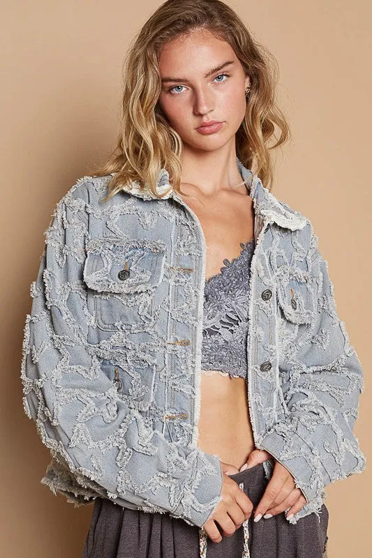 POL Clothing  Star Textured Raw Hem Long Sleeve Denim Womens Jacket