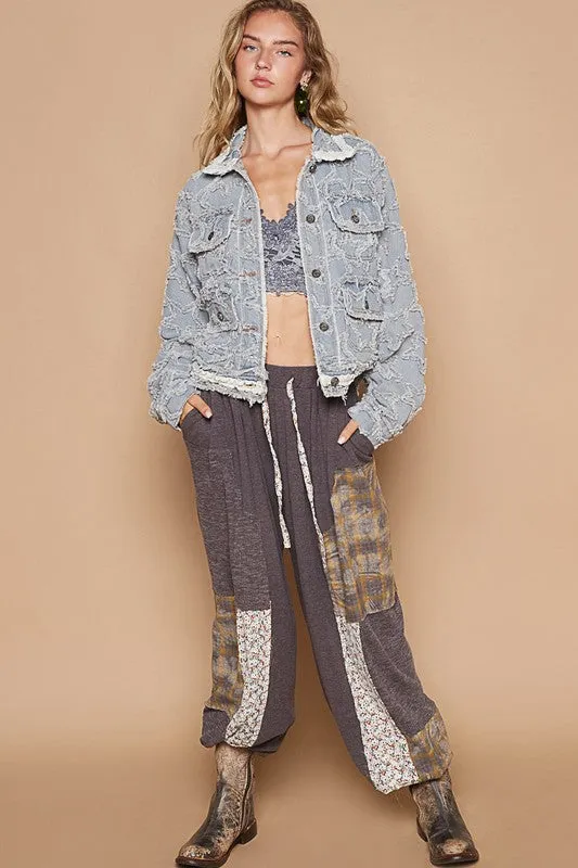 POL Clothing  Star Textured Raw Hem Long Sleeve Denim Womens Jacket