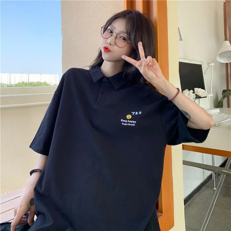 Print Plus Loose Fit Lapel Smiling Face Short Sleeve Tee