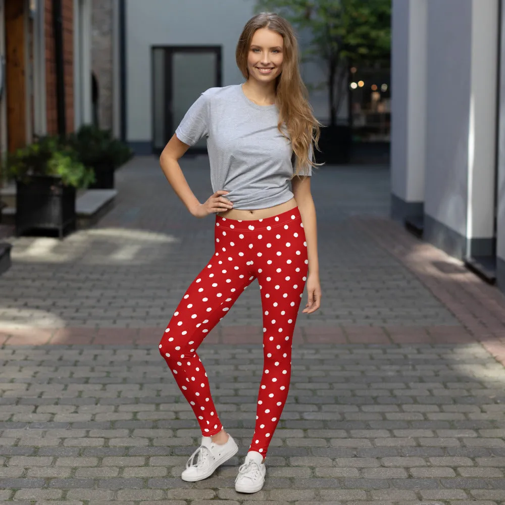 Red and White Polka Dot Leggings, Christmas Leggings Women Yoga Pants Printed Print Cute Graphic Workout Running Gym Fun Designer