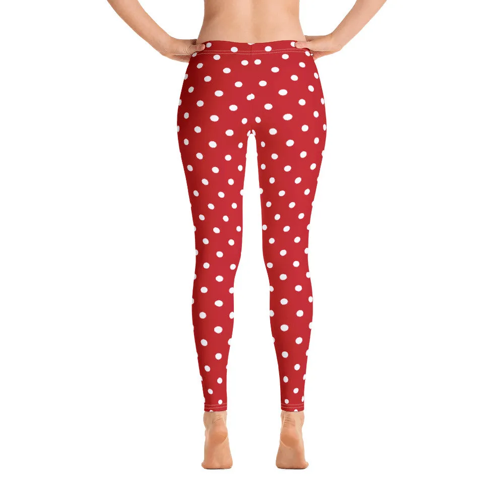 Red and White Polka Dot Leggings, Christmas Leggings Women Yoga Pants Printed Print Cute Graphic Workout Running Gym Fun Designer