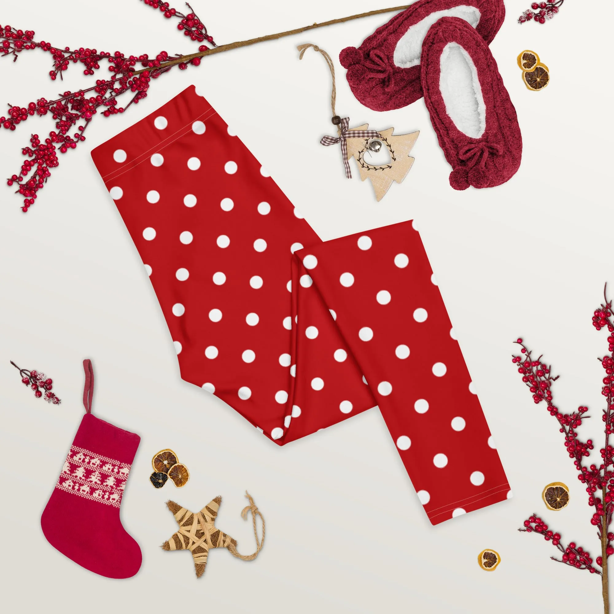 Red and White Polka Dot Leggings, Christmas Leggings Women Yoga Pants Printed Print Cute Graphic Workout Running Gym Fun Designer