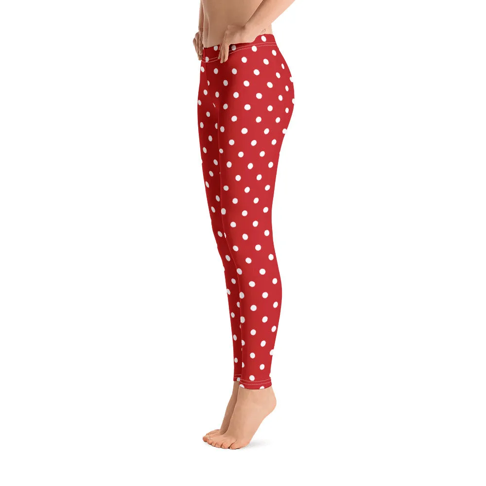 Red and White Polka Dot Leggings, Christmas Leggings Women Yoga Pants Printed Print Cute Graphic Workout Running Gym Fun Designer