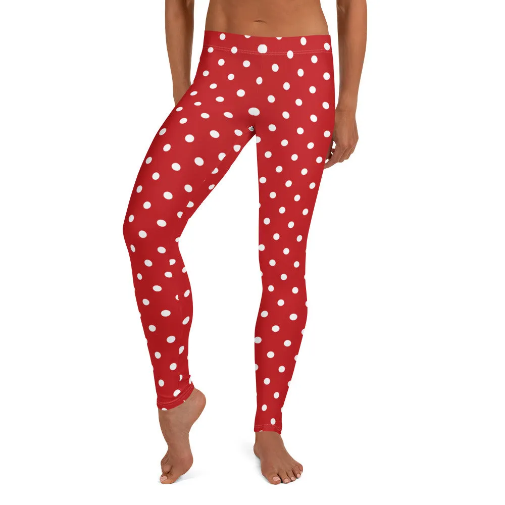Red and White Polka Dot Leggings, Christmas Leggings Women Yoga Pants Printed Print Cute Graphic Workout Running Gym Fun Designer