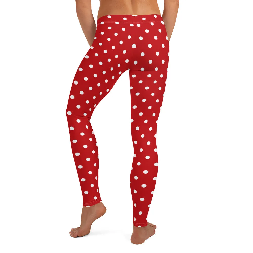 Red and White Polka Dot Leggings, Christmas Leggings Women Yoga Pants Printed Print Cute Graphic Workout Running Gym Fun Designer