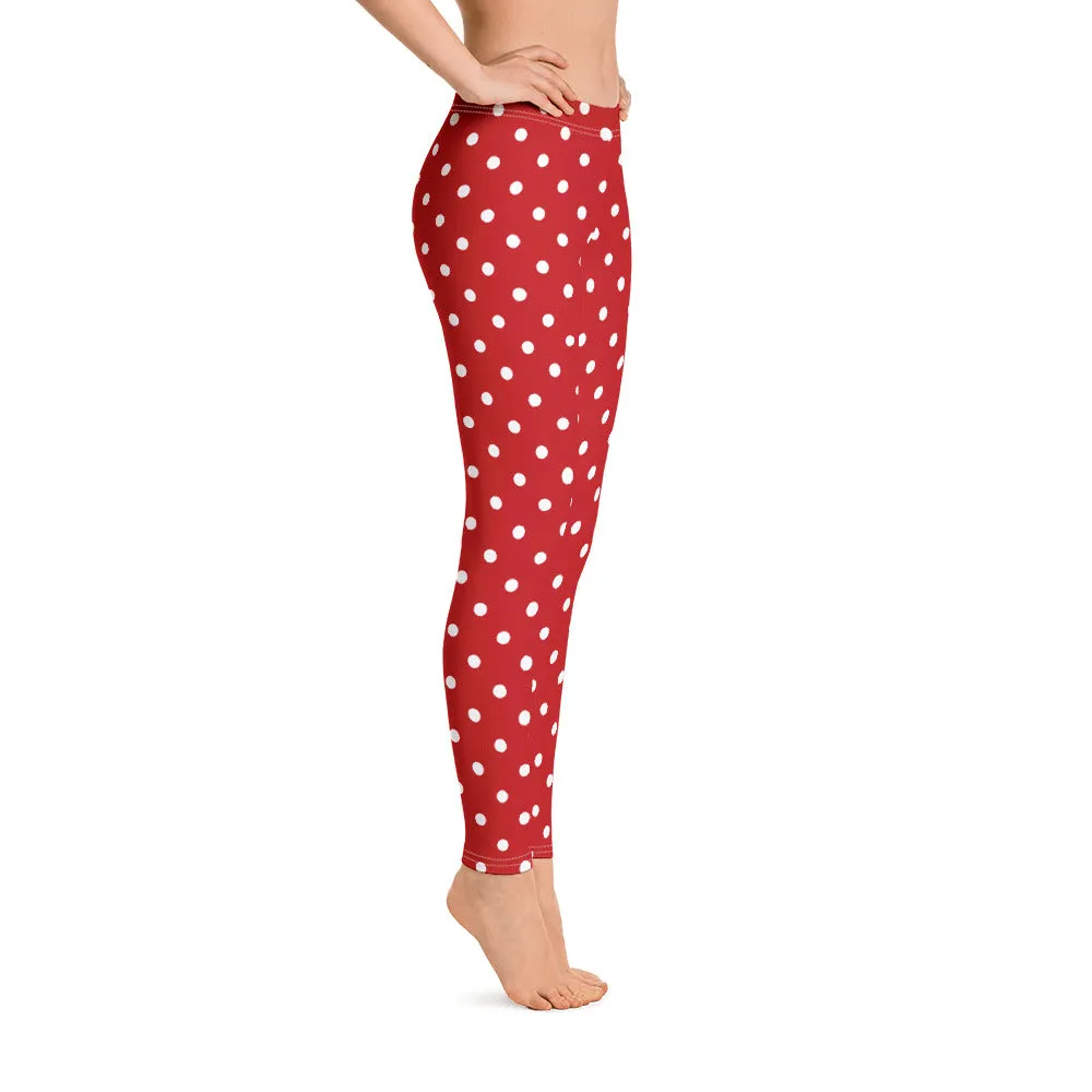 Red and White Polka Dot Leggings, Christmas Leggings Women Yoga Pants Printed Print Cute Graphic Workout Running Gym Fun Designer