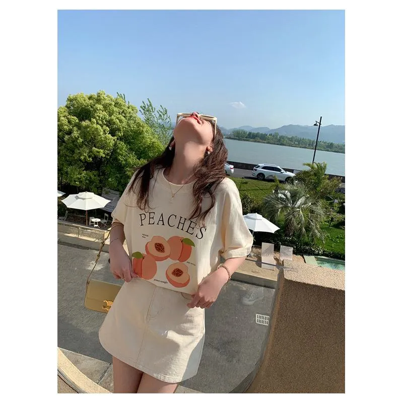 Round Neck Print Loose Fit Casual Drop Shoulder Short Sleeve Tee