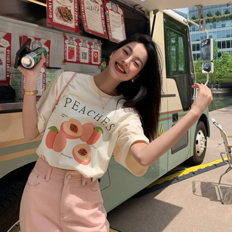 Round Neck Print Loose Fit Casual Drop Shoulder Short Sleeve Tee