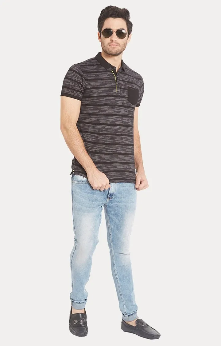Spykar Brown Striped Slim Fit Polo T-Shirt