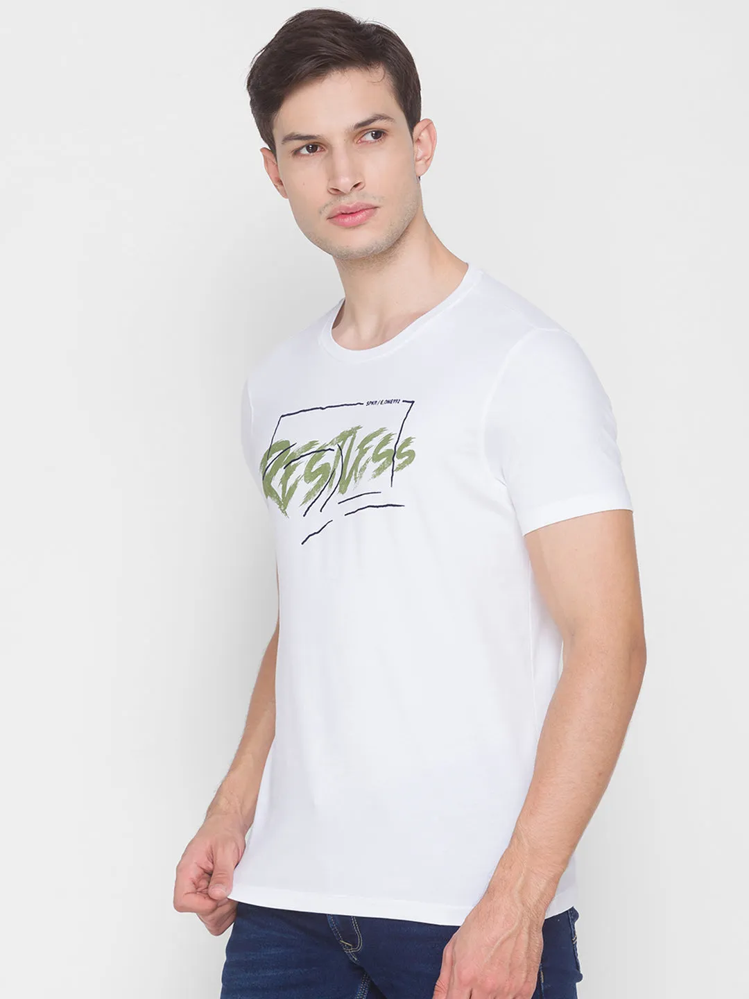 Spykar White Cotton Men T-Shirt
