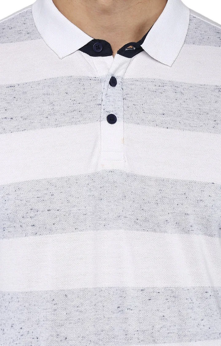 Spykar White Striped Slim Fit Polo T-Shirt