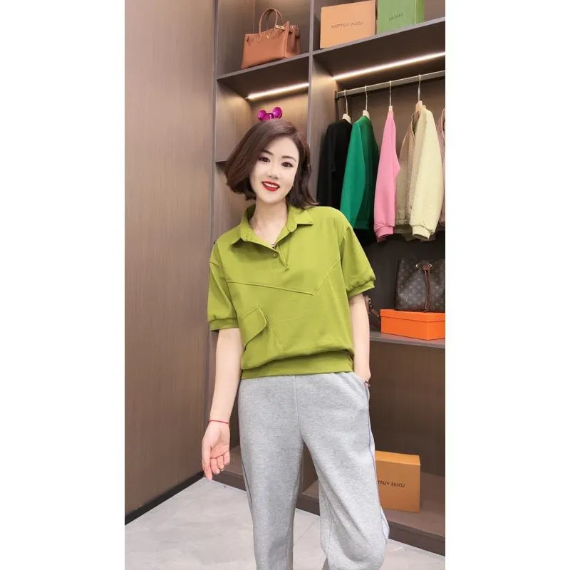 Two Beads Versatile Chic Anti-Aging Lapel Casual Short Sleeve Tee
