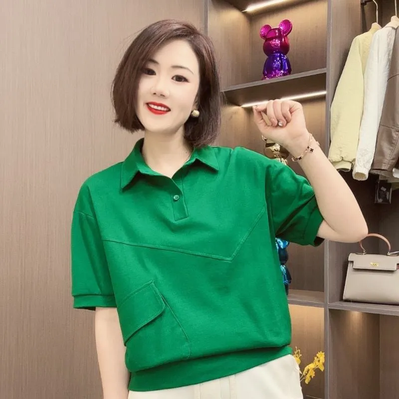 Two Beads Versatile Chic Anti-Aging Lapel Casual Short Sleeve Tee