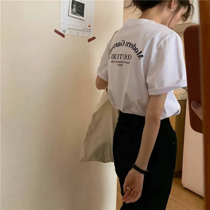 Women's T-Shirt Letter Chic Loose Fit Midi Casual Short Sleeve Tee