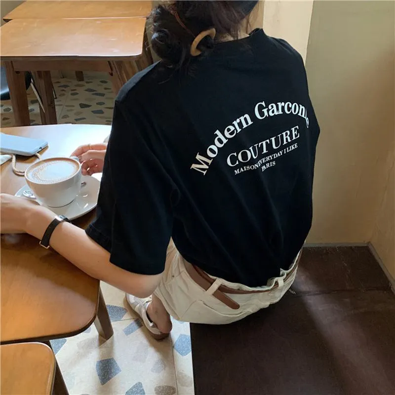 Women's T-Shirt Letter Chic Loose Fit Midi Casual Short Sleeve Tee