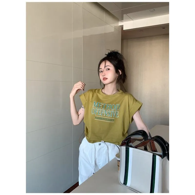 Women's T-Shirts Gray Round Neck Print Lycra Letter Short Sleeve Tee