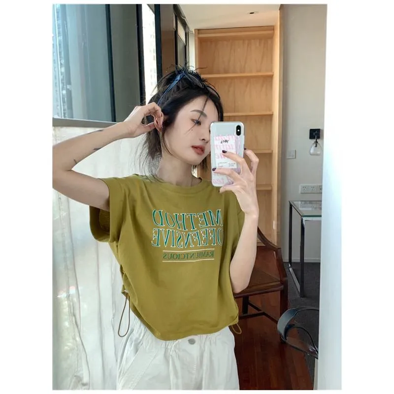 Women's T-Shirts Gray Round Neck Print Lycra Letter Short Sleeve Tee